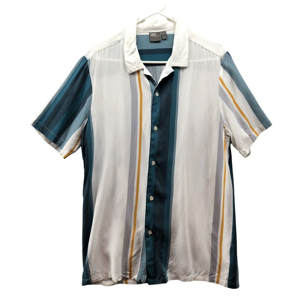 Asos Relaxed Shirt Mens L Long LT Short‎ Sleeve Rayon Resort White Teal Striped